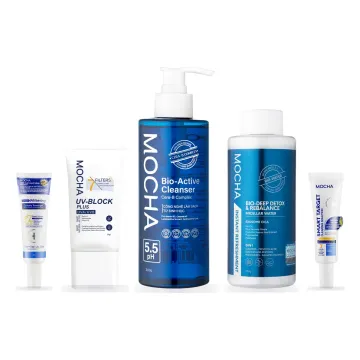 Bộ 5 món chăm da mụn và thâm: Nước tẩy trang Bio-Deep Detox, Sữa rửa mặt Bio-Active Cleanser, Kem chống nắng UV-Block Plus, Gel chấm mụn Smart Target, Smart Whitening Turmergel