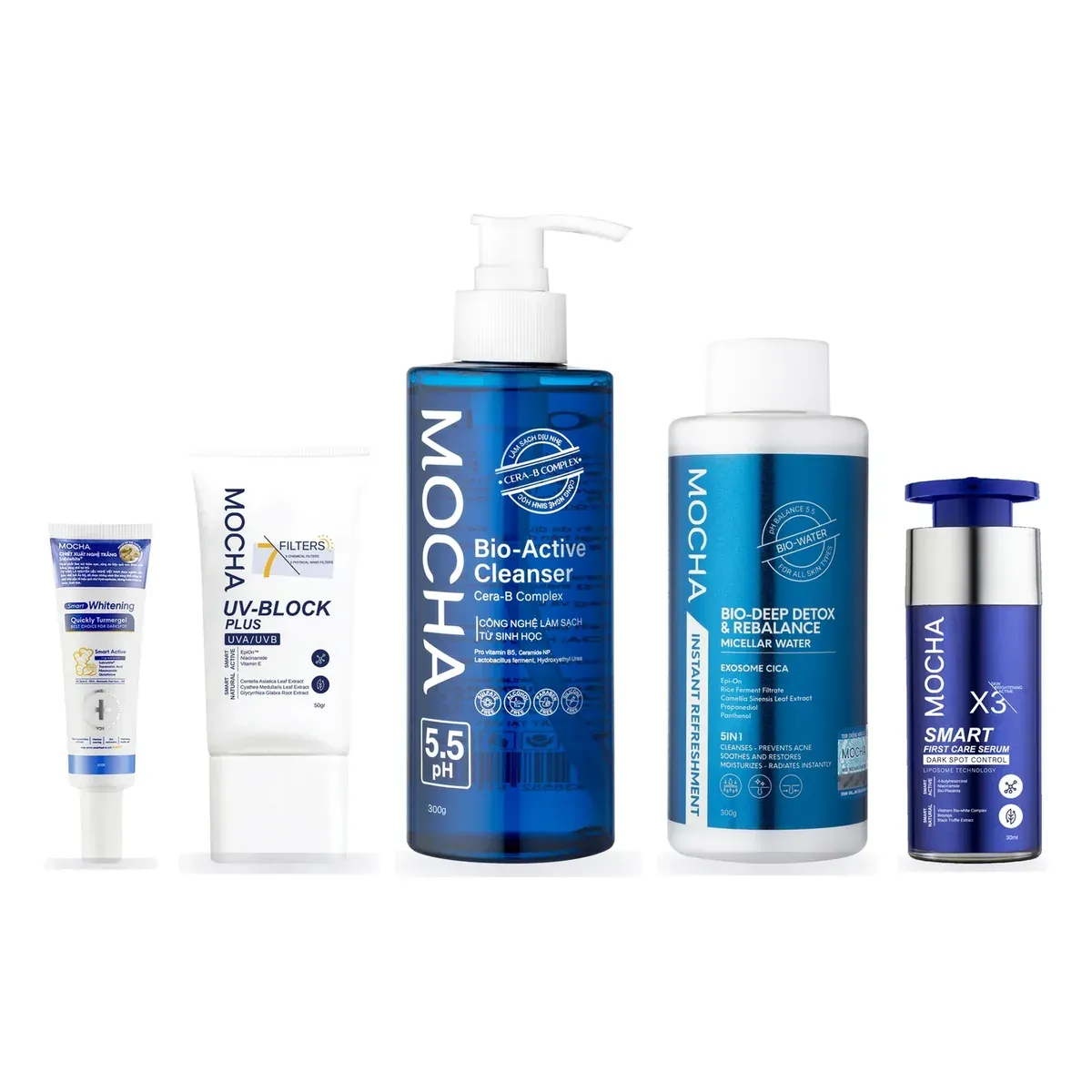 Bộ 5 món cho da thâm sạm: Nước tẩy trang Bio-Deep Detox, Sữa rửa mặt Bio-Active Cleanser, Kem chống nắng UV-Block Plus, Serum Smart First Care, Smart Whitening Turmergel
