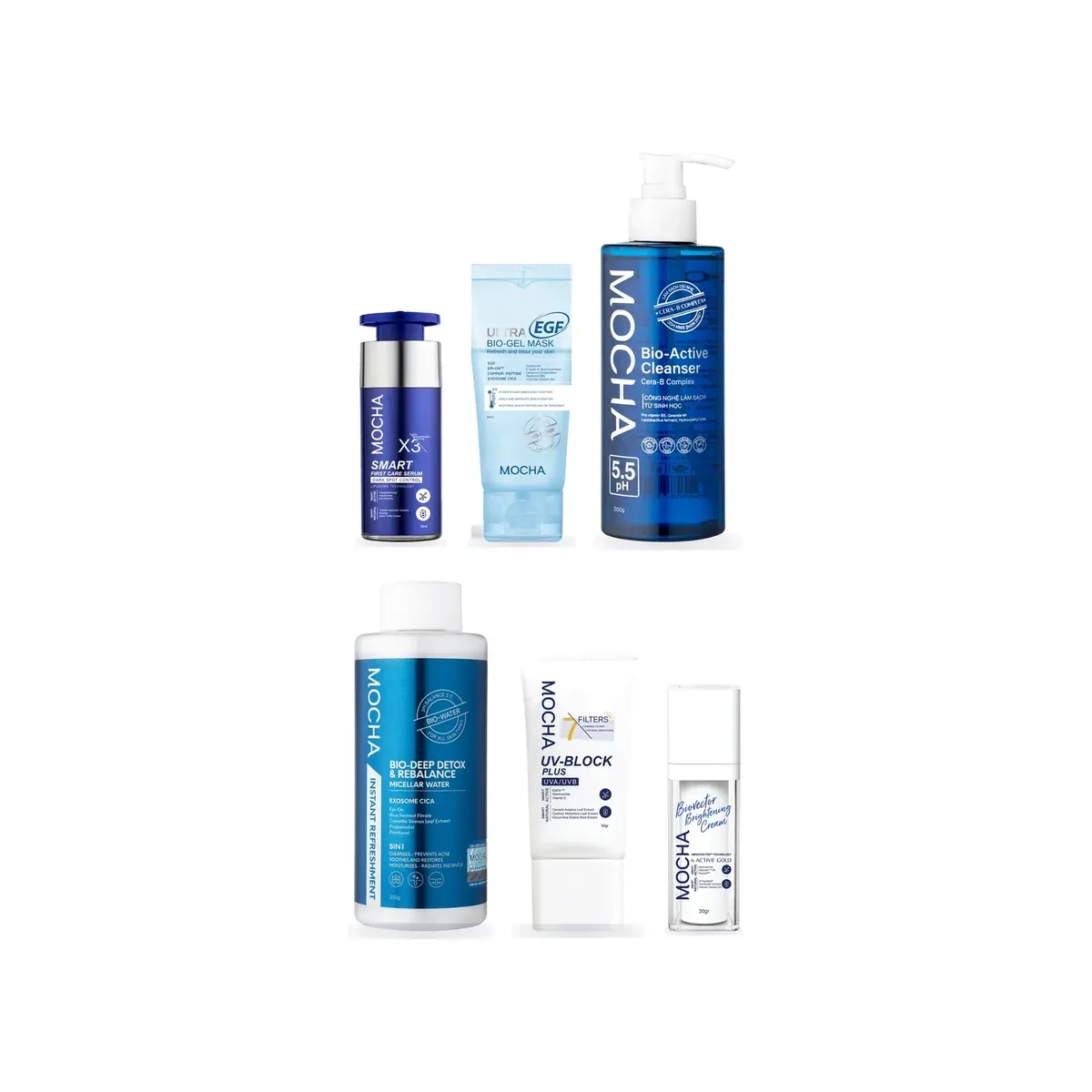 Bộ 6 món dưỡng sáng có Serum: Nước tẩy trang Bio-Deep Detox, Sữa rửa mặt Bio-Active Cleanser, Kem chống nắng UV-Block Plus, Ultra EGF Bio-Gel Mask, Serum Smart First Care, Biovector Brightening Cream