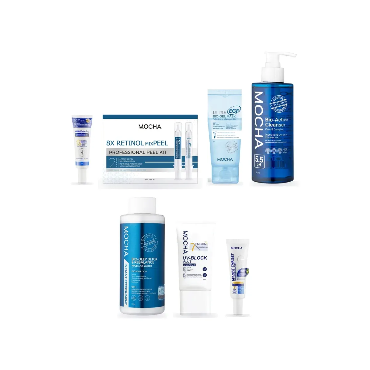 Bộ 7 món da mụn có Peel: Nước tẩy trang Bio-Deep Detox, Sữa rửa mặt Bio-Active Cleanser, Kem chống nắng UV-Block Plus, Ultra EGF Bio-Gel Mask, Retinol mixPEEL Kit, Gel chấm mụn Smart Target, Smart Whitening Turmergel