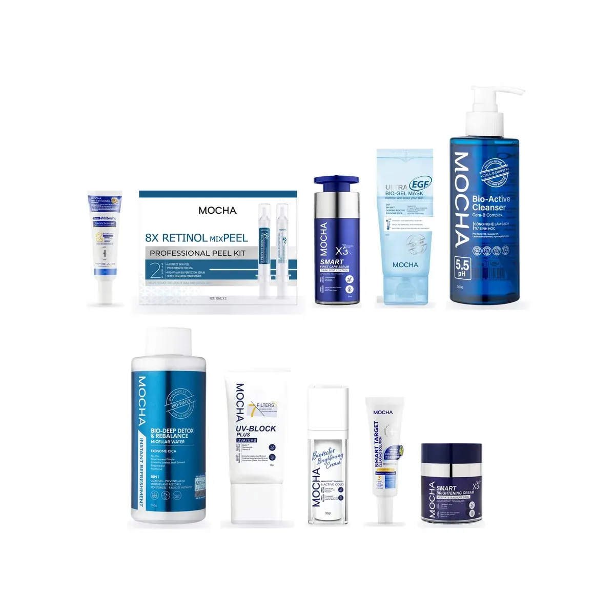 Bộ Mocha Premium 10 món: Nước tẩy trang Bio-Deep Detox, Sữa rửa mặt Bio-Active Cleanser, Kem chống nắng UV-Block Plus, Ultra EGF Bio-Gel Mask, Retinol mixPEEL Kit, Serum Smart First Care, Kem nám Smart Brightening X3, Biovector Brightening Cream, Gel chấm mụn Smart Target, Smart Whitening Turmergel