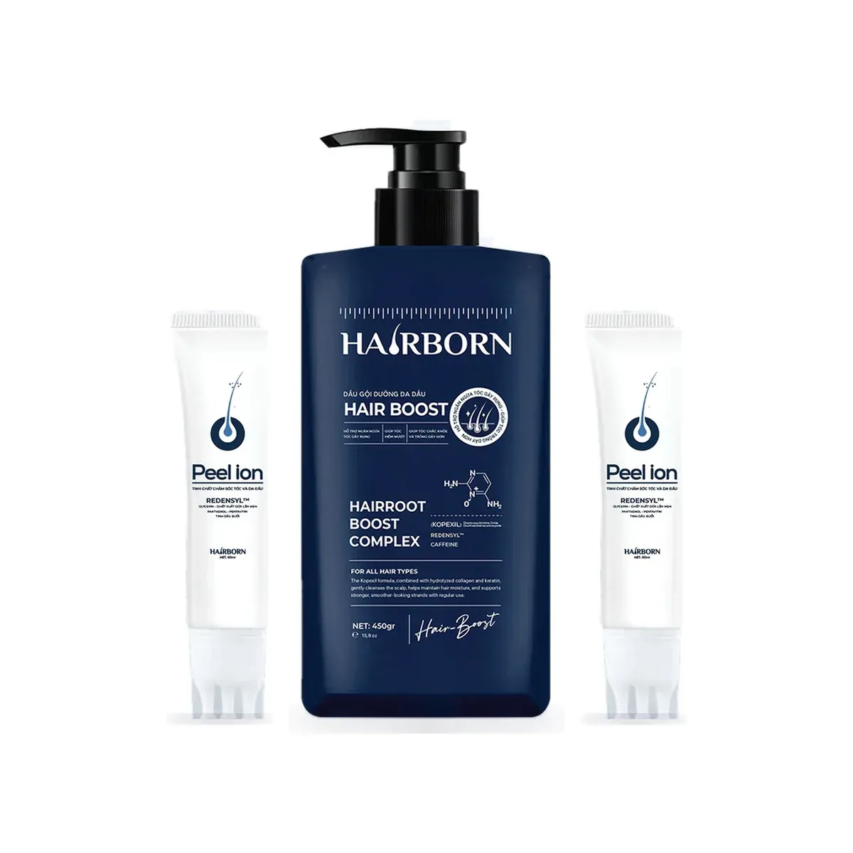 Combo Hairborn: Dầu gội + 2 Peel Ion: Dầu gội Hair Boost, 2 Tinh chất da đầu Peel Ion