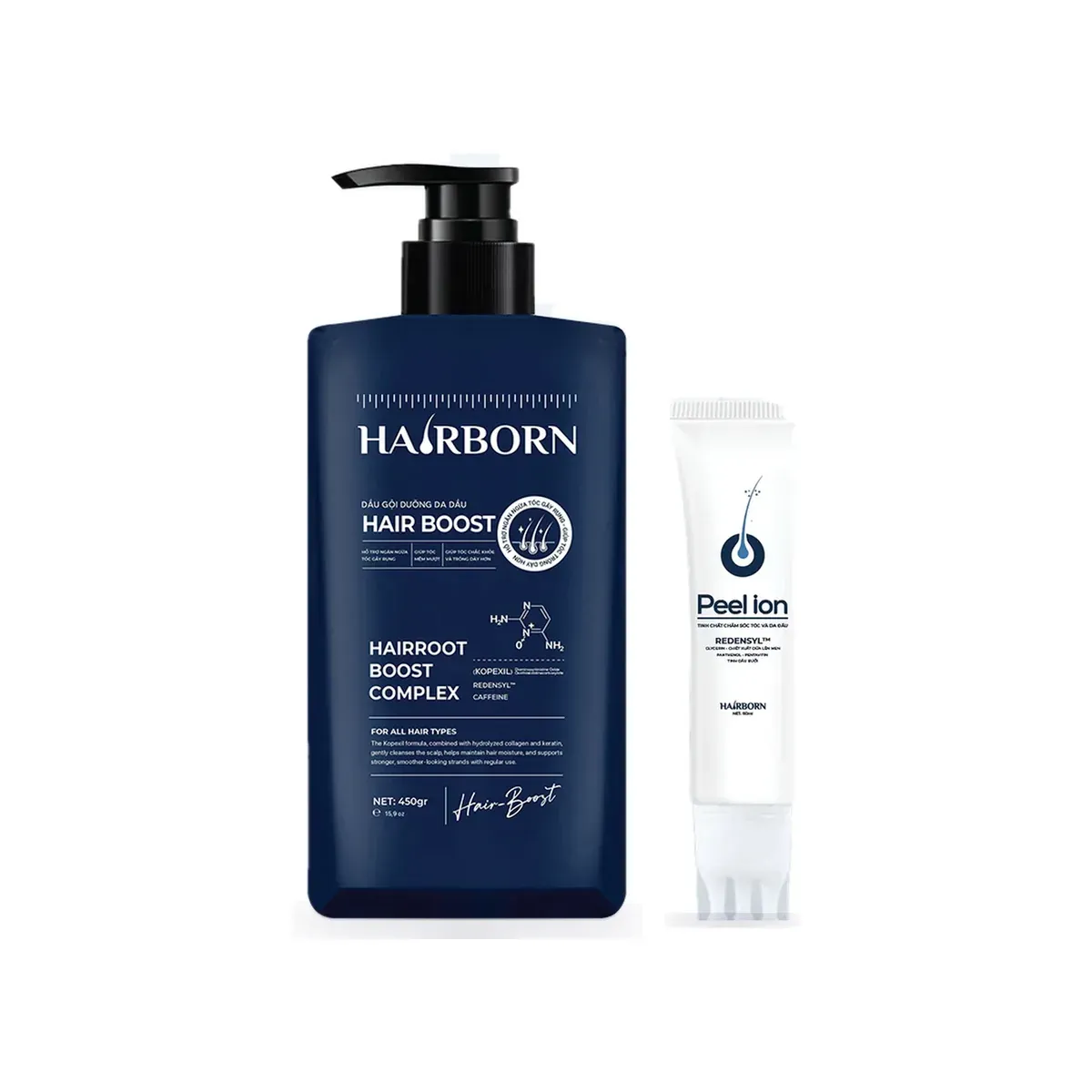 Combo Hairborn: Dầu gội + Peel Ion: Dầu gội Hair Boost, Tinh chất da đầu Peel Ion