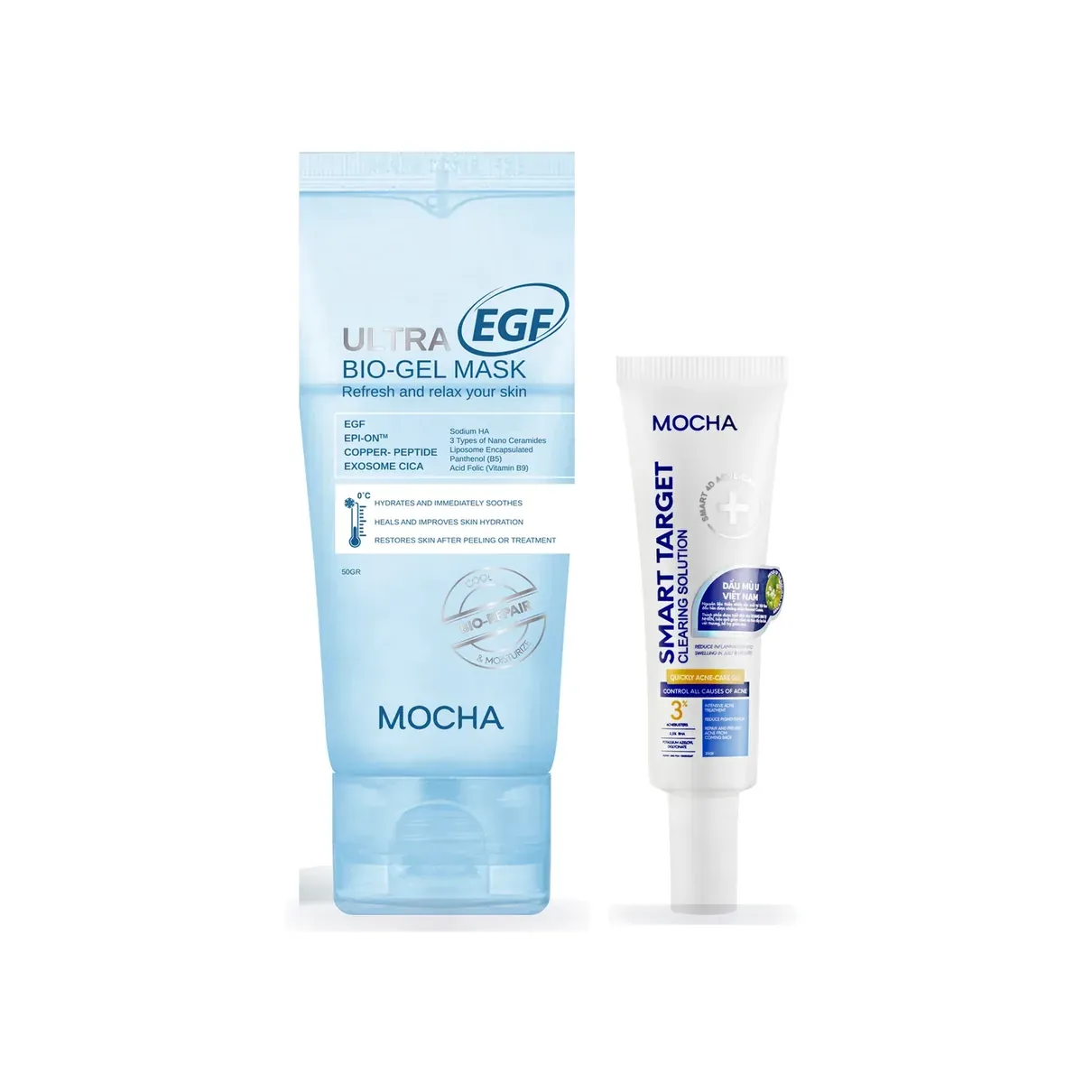 Combo Gel chấm mụn + Mặt nạ Gel EGF: Gel chấm mụn Smart Target, Ultra EGF Bio-Gel Mask
