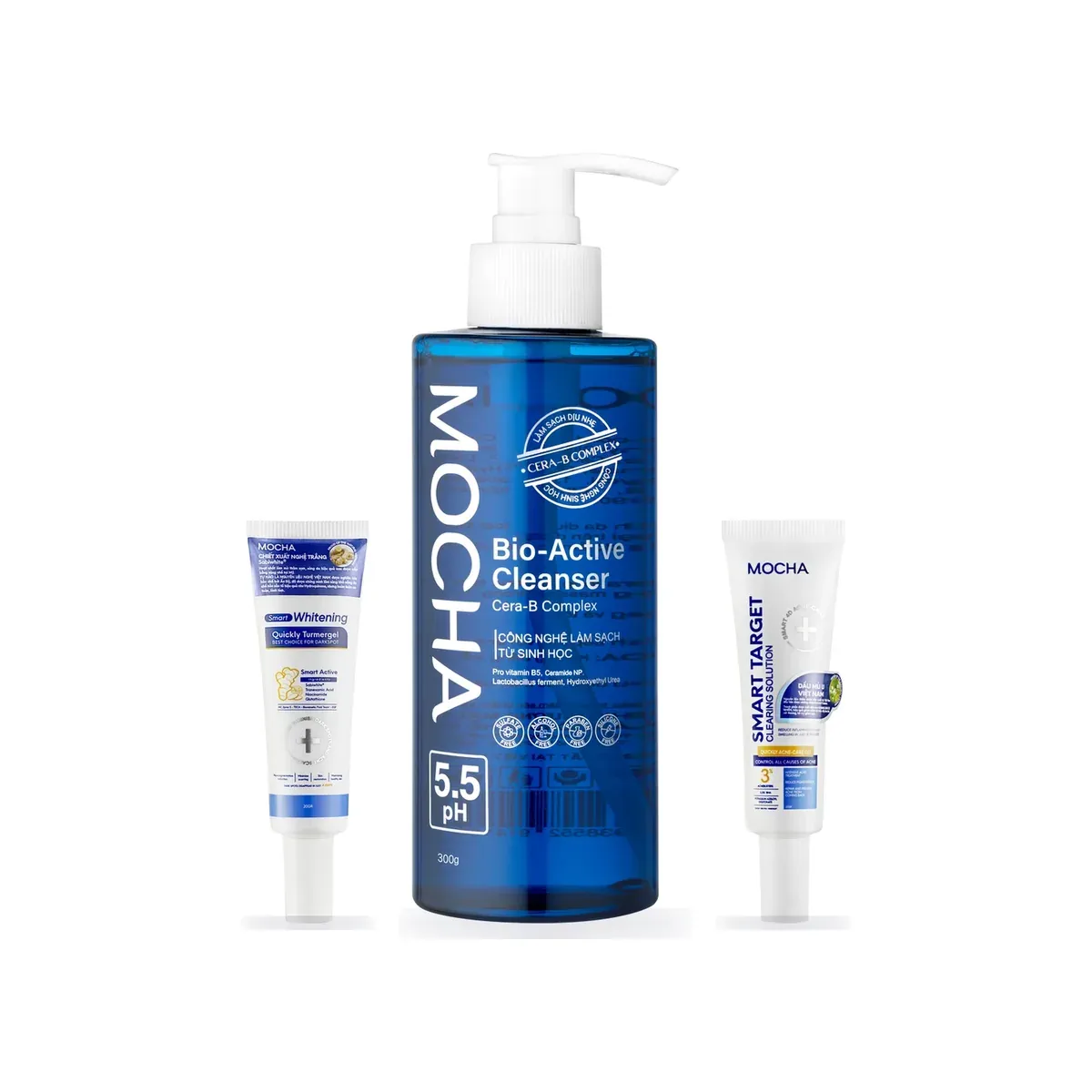 Combo Mụn + Thâm + Sữa rửa mặt: Sữa rửa mặt Bio-Active Cleanser, Gel chấm mụn Smart Target, Smart Whitening Turmergel