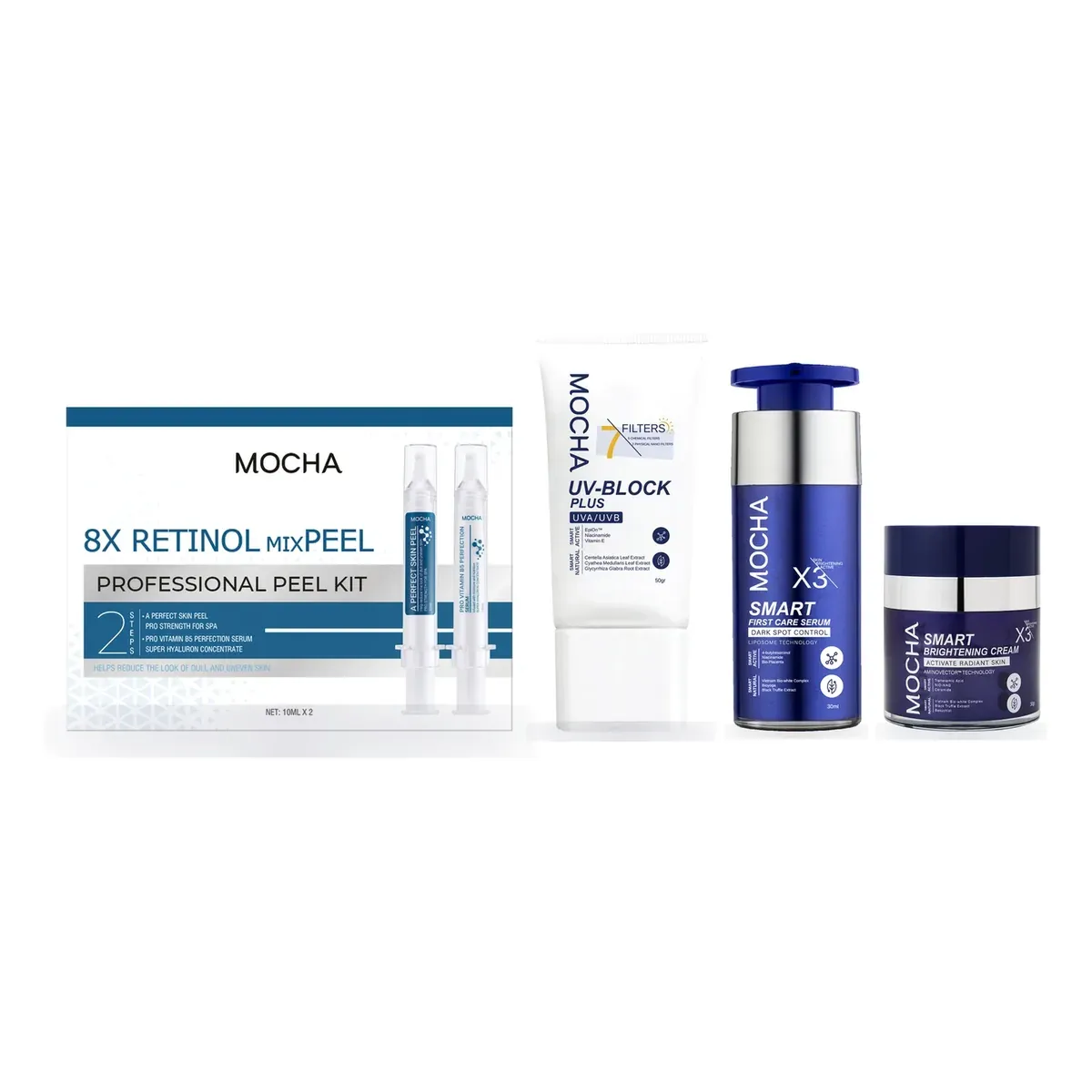 Combo Nám + Peel + Kem chống nắng: Serum Smart First Care, Kem nám Smart Brightening X3, Retinol mixPEEL Kit, Kem chống nắng UV-Block Plus