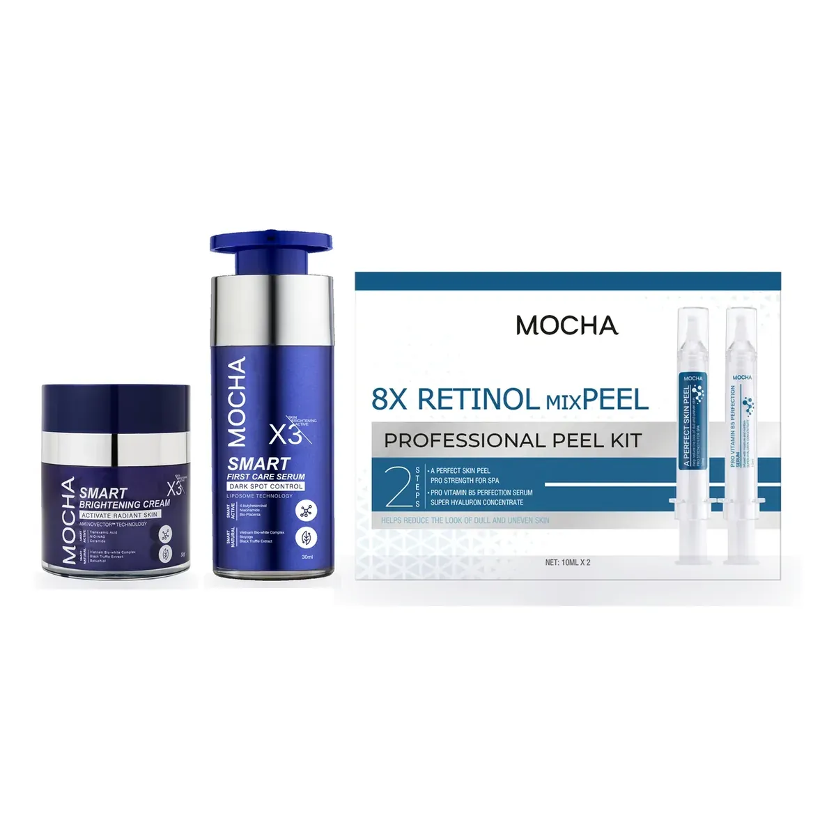 Combo Nám + Bộ Peel: Serum Smart First Care, Kem nám Smart Brightening X3, Retinol mixPEEL Kit