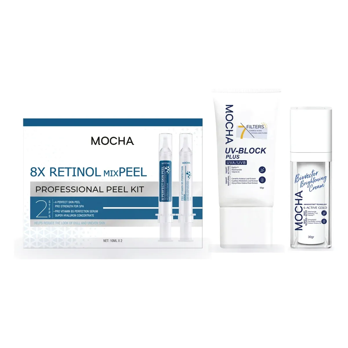 Combo Peel + Biovector + Kem chống nắng: Retinol mixPEEL Kit, Biovector Brightening Cream, Kem chống nắng UV-Block Plus