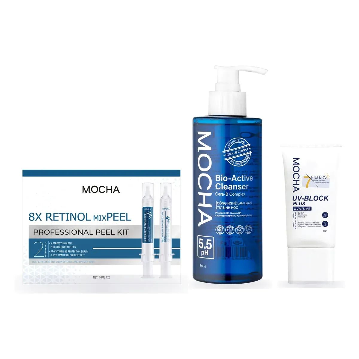 Combo Peel + Sữa rửa mặt + Kem chống nắng: Retinol mixPEEL Kit, Sữa rửa mặt Bio-Active Cleanser, Kem chống nắng UV-Block Plus