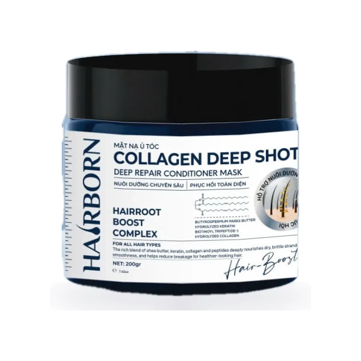 Hũ mặt nạ ủ tóc HAIRBORN Collagen Deep Shot, nắp đen, nhãn trắng