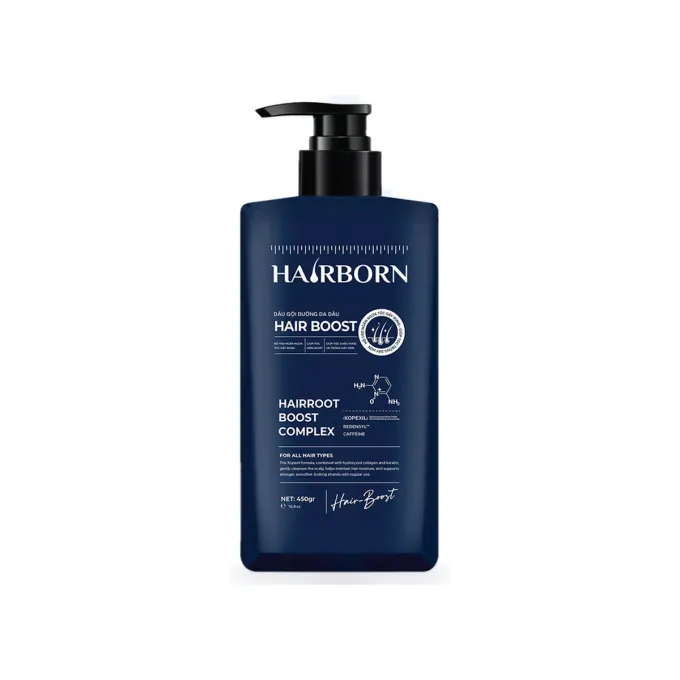 Chai dầu gội HAIRBORN Hair Boost 450g màu xanh navy, vòi nhấn đen
