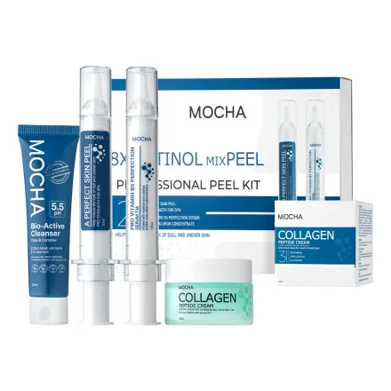 Bộ Mocha Retinol mixPEEL Kit: hộp, hai ống tinh chất, tuýp sữa rửa mặt và hũ kem Collagen
