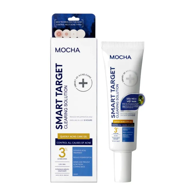 Hộp và tuýp gel chấm mụn Mocha Smart Target