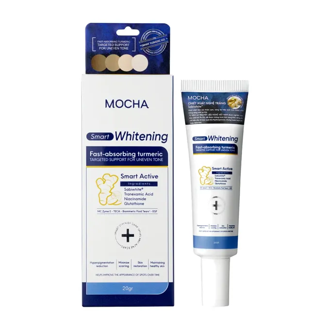 Hộp và tuýp gel Mocha Smart Whitening Quickly Turmergel 20gr