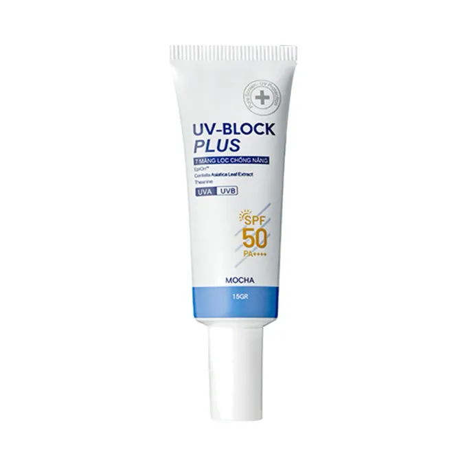 Tuýp kem chống nắng Mocha UV-Block Plus, bao bì 2025 in SPF 50 PA++++