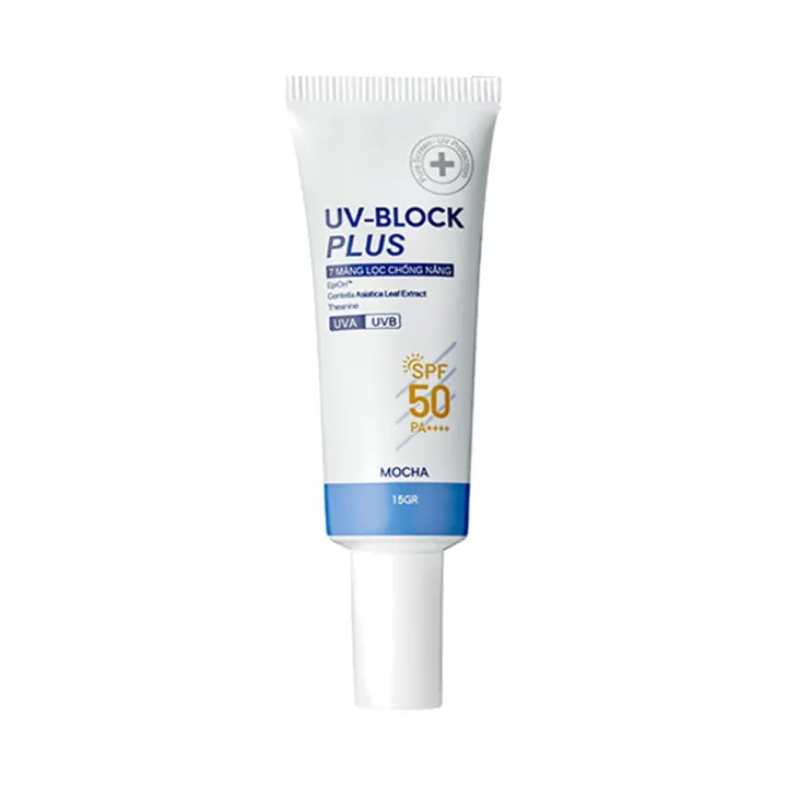 Tuýp kem chống nắng Mocha UV-Block Plus, bao bì 2025 in SPF 50 PA++++