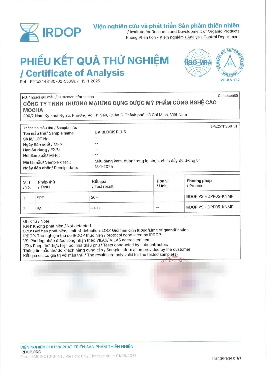 Phiếu kết quả thử nghiệm của IRDOP cho mẫu UV-Block Plus: SPF 50+, PA ++++. Chữ ký và tên người ký đã được che.