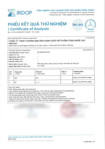 Phiếu kết quả thử nghiệm của IRDOP cho mẫu UV-Block Plus: SPF 50+, PA ++++. Chữ ký và tên người ký đã được che.